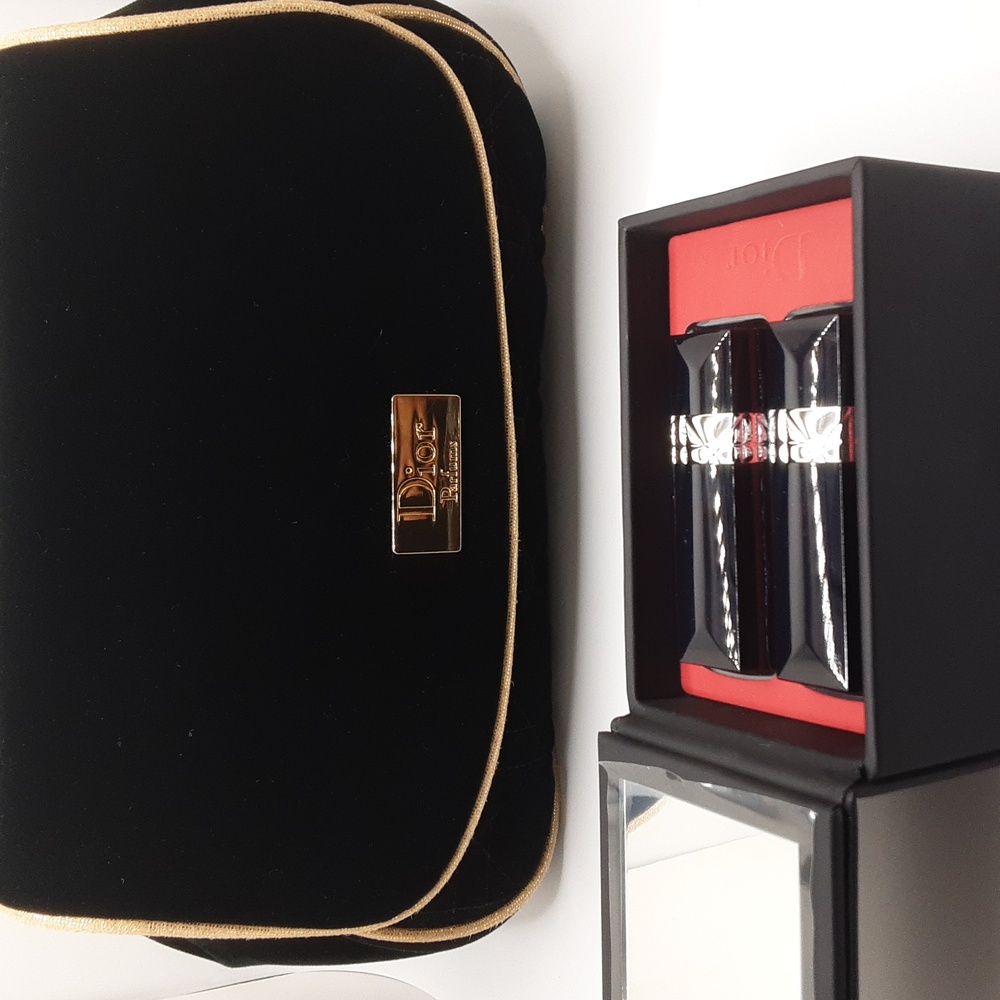 Dior Black Velvet Cosmetic Bag and Mini Rouge Dior Lipstick (2)